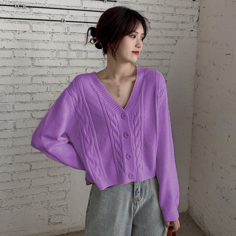 Áo sweater dệt kim dáng rộng cổ chữ V phong cách mùa thu đông duyên dáng dành cho nữ