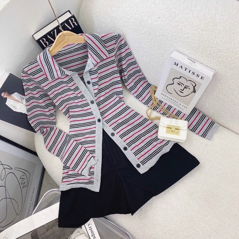 SET ÁO SỌC CỔ POLO CÀI NÚT + SHORT ĐEN