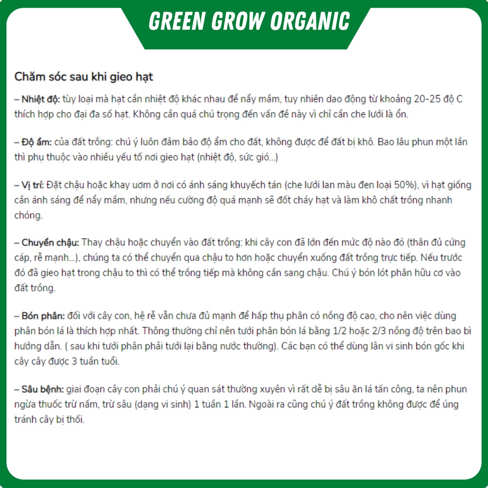 Hạt giống rau ăn lá GREEN GROW ORGANIC hạt giống F1 hữu cơ tuyển chọn dễ trồng