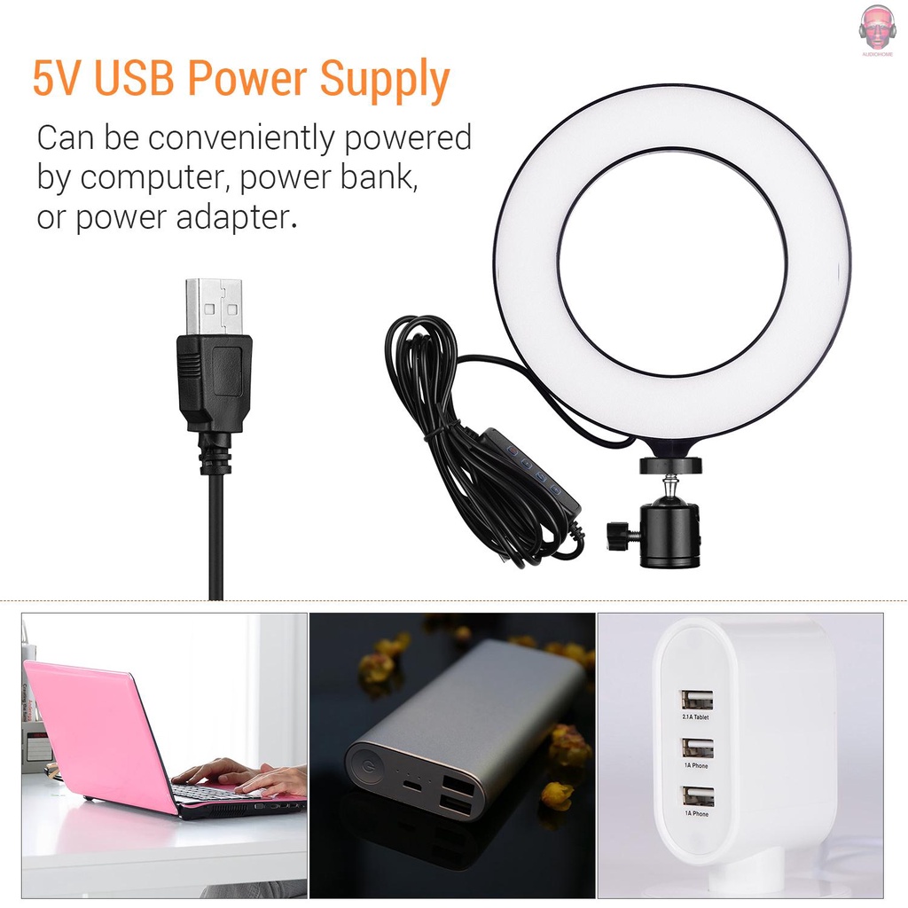 Vòng Đèn Led Mini 16cm / 6inch Cổng Usb 3 Chế Độ Sáng Có Thể Điều Chỉnh Với Đầu Bi Linh Hoạt