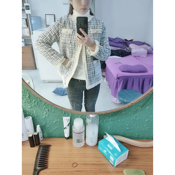 Áo dạ tweed kẻ ô tua rua hàng Quảng châu lót bông