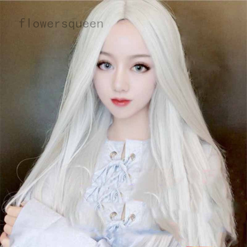 flowersqueen Tóc Giả Dài Duỗi Thẳng Màu Trắng Chất Liệu Sợi Nhân Tạo