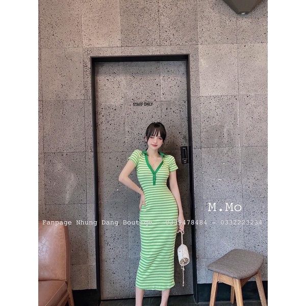 ĐẦM MIDI BODY SỌC XANH CỔ POLO