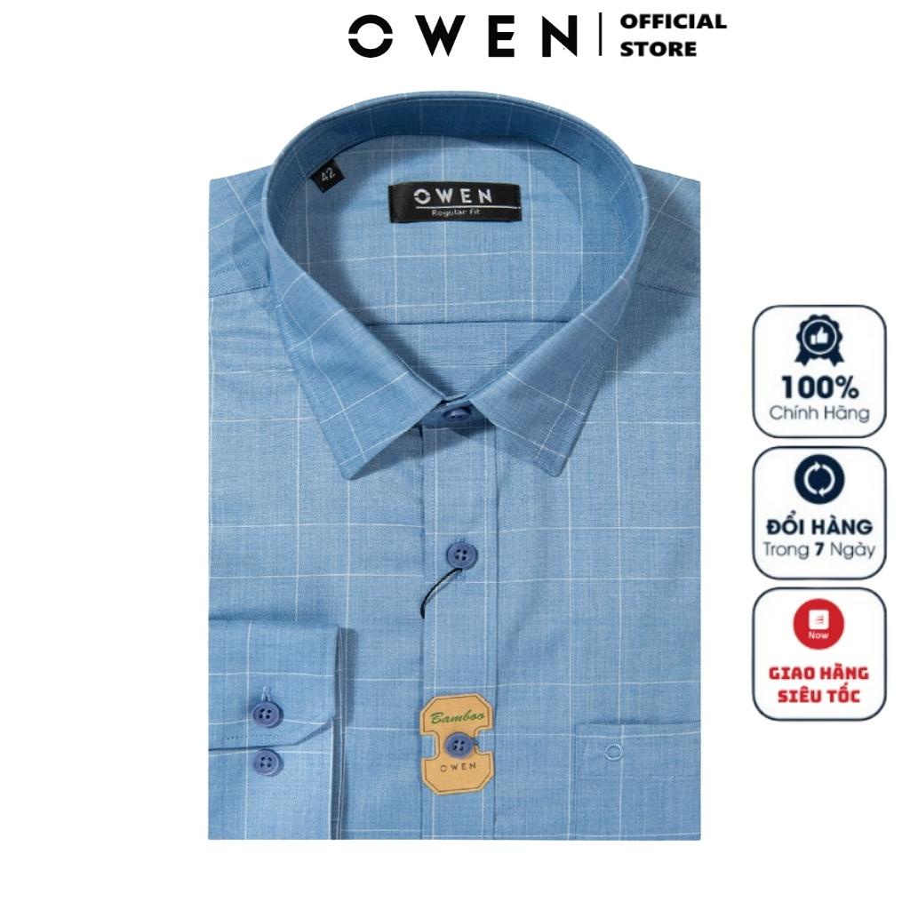 Áo Sơ Mi Nam Dài Tay OWEN AR220835DT Somi Công Sở Vải Sợi Tre Cao Cấp Kẻ caro xanh trắng Dáng Regular Fit Tà Lượn Có Túi