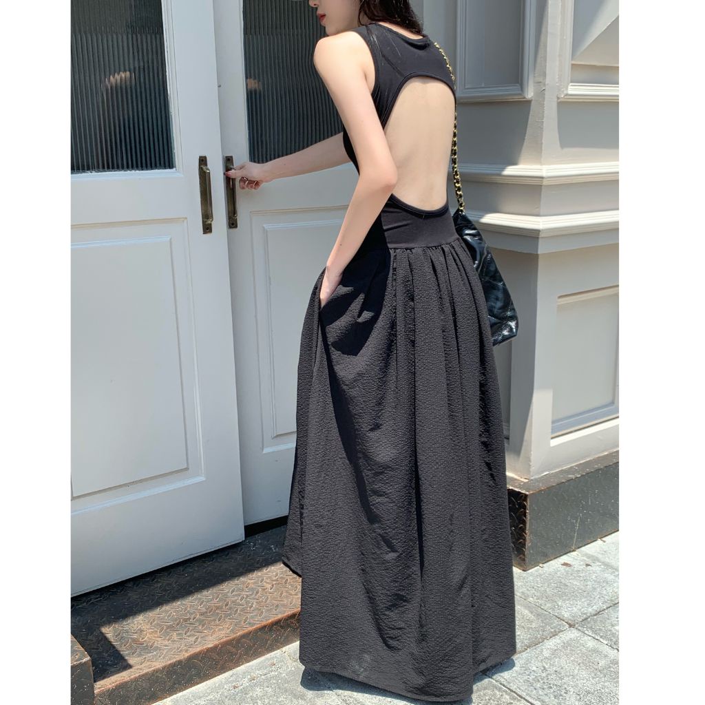 Váy thun ba lỗ dáng dài, váy khoét nách dàng xòe hở lưng chất liệu cao cấp loại 1 hàng order taobao có ảnh thật