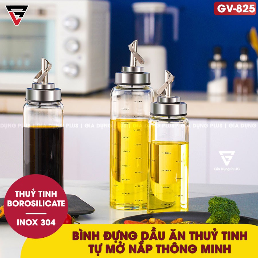 Bình đựng dầu ăn, nước mắm thuỷ tinh borosilicate (chịu nhiệt, chịu lực tốt) tay cầm &amp; viền inox 304 cao cấp VIMORA