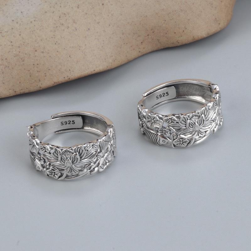 Nhẫn Hở Bạc S925 Hình Lá Sen / Cá Koi / Lá Sen Sáng Bóng Phong Cách Retro Cho Nữ