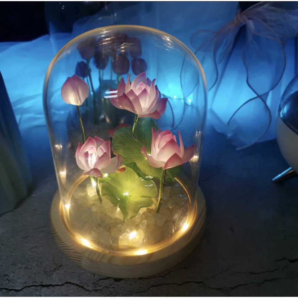 Đèn ngủ , LED ngủ để bàn hình hoa sen trong lồng kính decor phòng cực chill