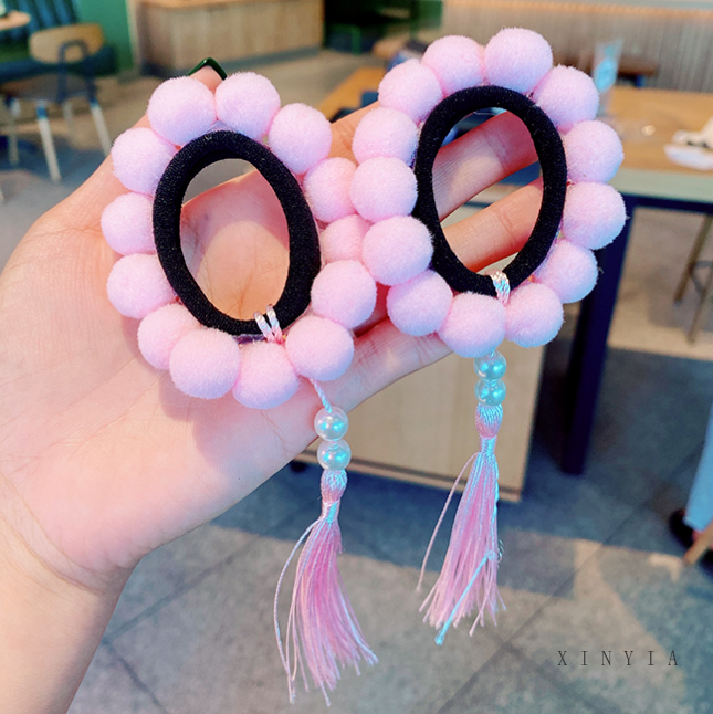 Dật Cột Tóc Đính Bóng Tròn Phối Tua Rua Nhiều Màu Sắc Xinh Xắn Cho Bé Gái