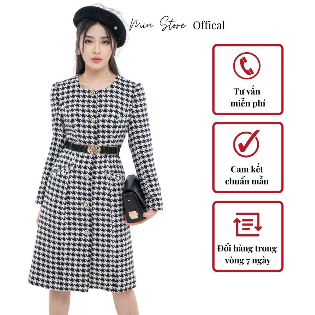 Áo khoác dạ dáng dài họa tiết houndstooth cổ tròn - AK00001