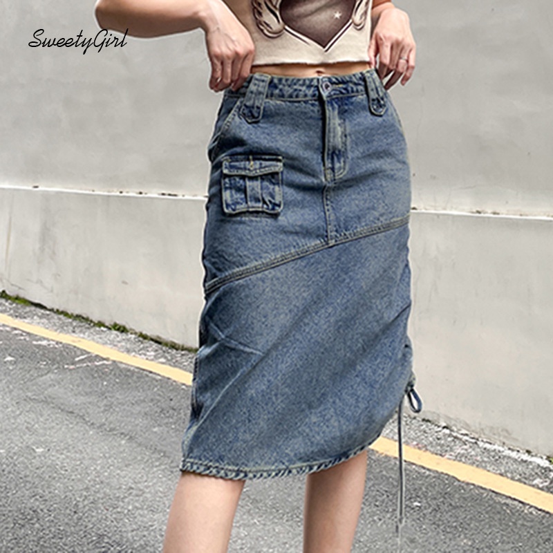 Chân váy jean Lưng Thấp Phối Nút Màu Trơn 2022 Cho Nữ