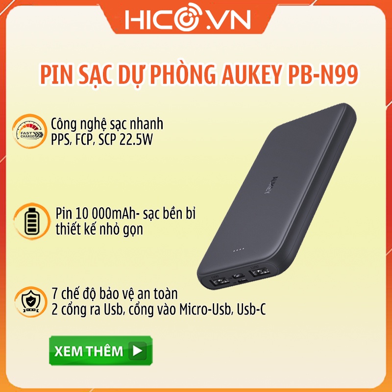 Sạc Dự Phòng Aukey PB-N99 , Pin Sạc Dự Phòng 10000mAh 2 Cổng USB Công Suất 10.5W - Hàng Chính Hãng - Bảo Hành 18 Tháng