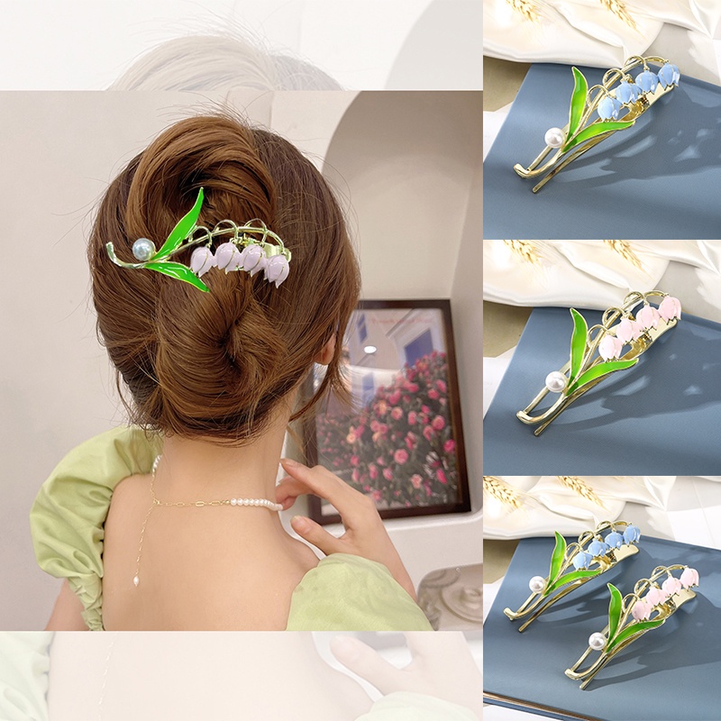 Kẹp tóc Haimeikang hình hoa lily đính ngọc trai đẹp mắt
