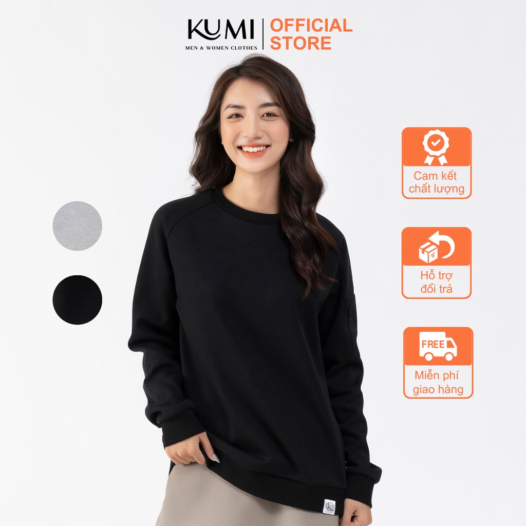 Áo Nỉ Nữ Có Túi Khóa Tay Chất Nỉ Bông Cao Cấp Kumi, Áo Nỉ Sweater Nữ Basic Thời Trang Trẻ Trung Năng Động 2 Màu Đen-Ghi