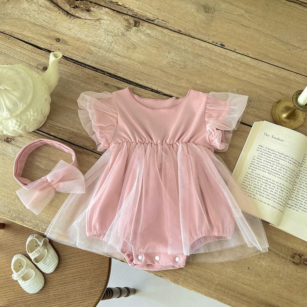 Bộ Đầm Công Chúa + Băng Đô Lưới Thời Trang Mùa Hè Cho Bé Gái Sơ Sinh