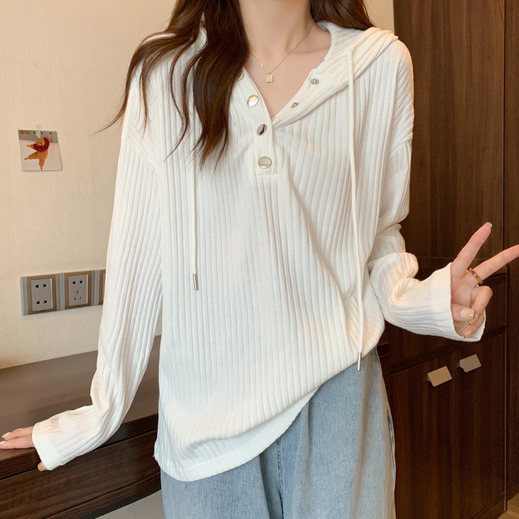 Áo Hoodie Nữ Mỏng Vải Nhung 🦋 Áo Thun Dài Tay Cúc Bấm 🦋 | BigBuy360 - bigbuy360.vn