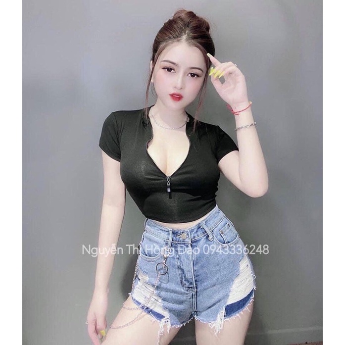 Áo croptop tay ngắn khoá kéo thun porip sịn sò