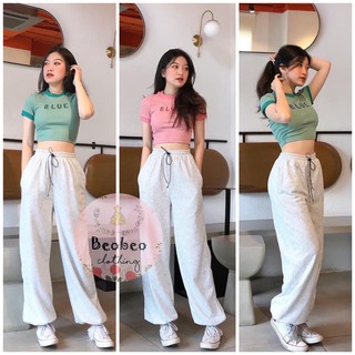 [Ảnh thật] Set áo thun croptop thêu chữ kèm quần jogger xám 2 màu ulzzang