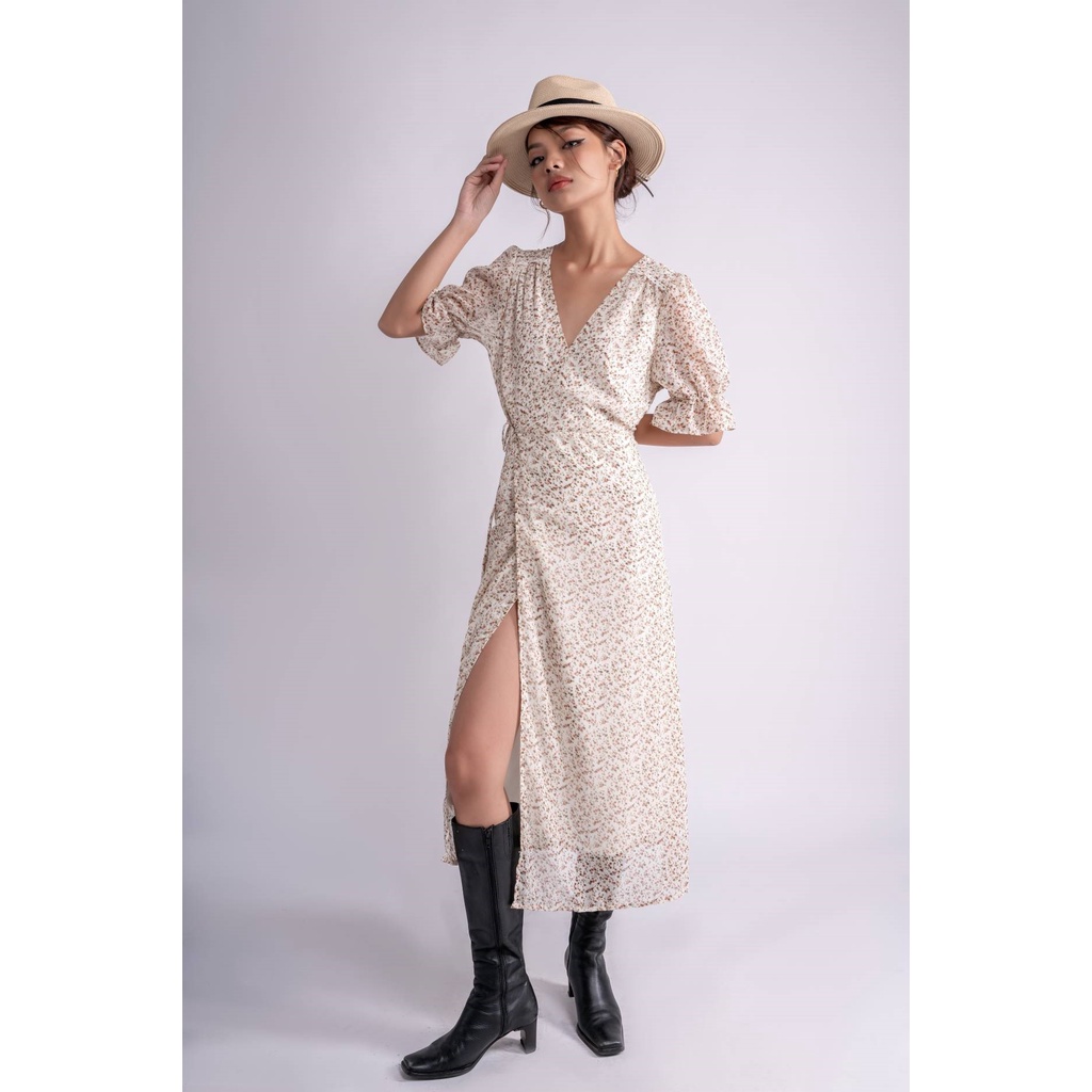 OLALASTUDIO Đầm voan cổ V hoa liti - Dai Wrap Dress
