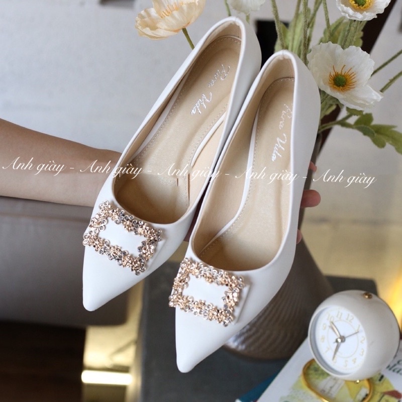 CG07 - Giày cưới, Giày cô dâu,Giày cao gót da lộn gót nhọn 7p nơ khoá vuông đá siêu sang , cực chắc chắn phù hợp dự tiệc