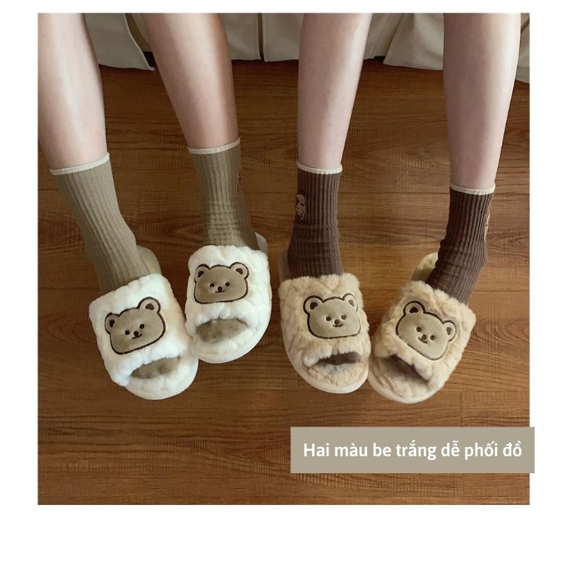 Dép lông nữ quai ngang họa tiết gấu bear đáng yêu hai màu basic đi học đi chơi đi trong nhà siêu xinh jumato