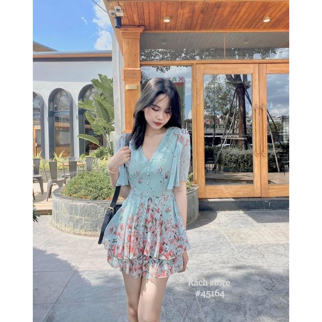 [RÁCH STORE] JUM HOA cổ V bo ngực nút ngọc tay xoè