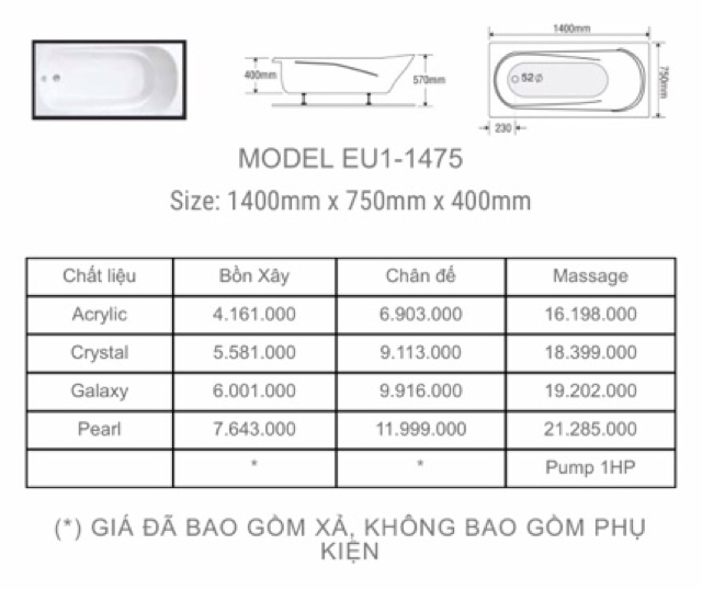 BỒN TẮM Nằm DÀI 2 YẾM EUROCA  - MODEL EU1 - 1475 - BẢO HÀNH 3 NĂM