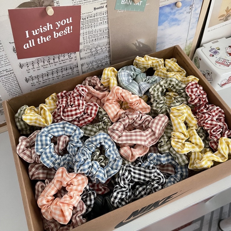 Dây cột tóc vải nhỏ scrunchies hoạ tiết caro dễ thương