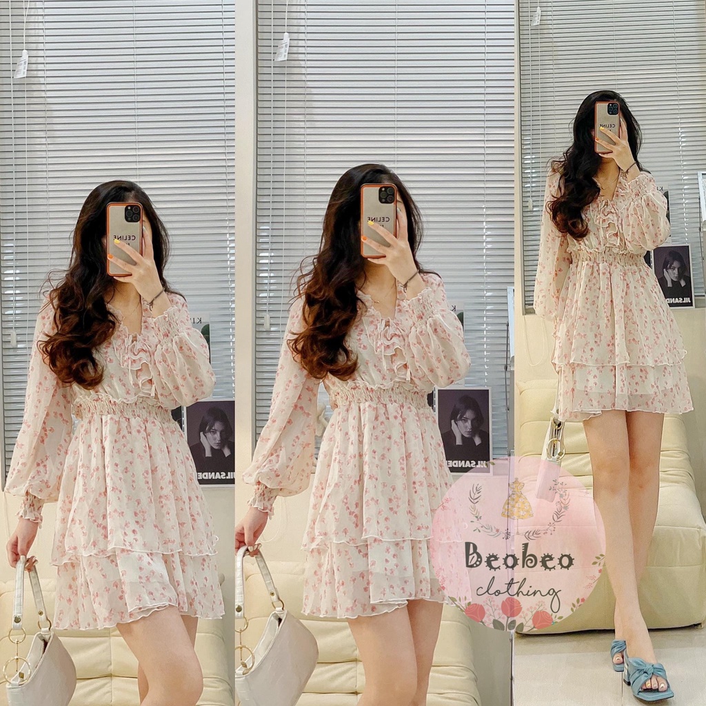 Đầm voan hoa nhí cổ v bèo tay bo xoè tầng vintage