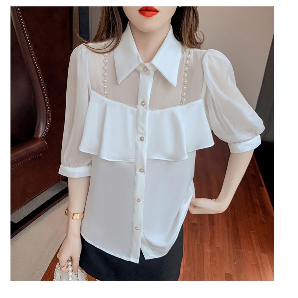 Áo Sơ Mi Voan Phối Dây Ngọc Trai Thời Trang Mùa Hè Hàn Quốc Dành Cho Nữ