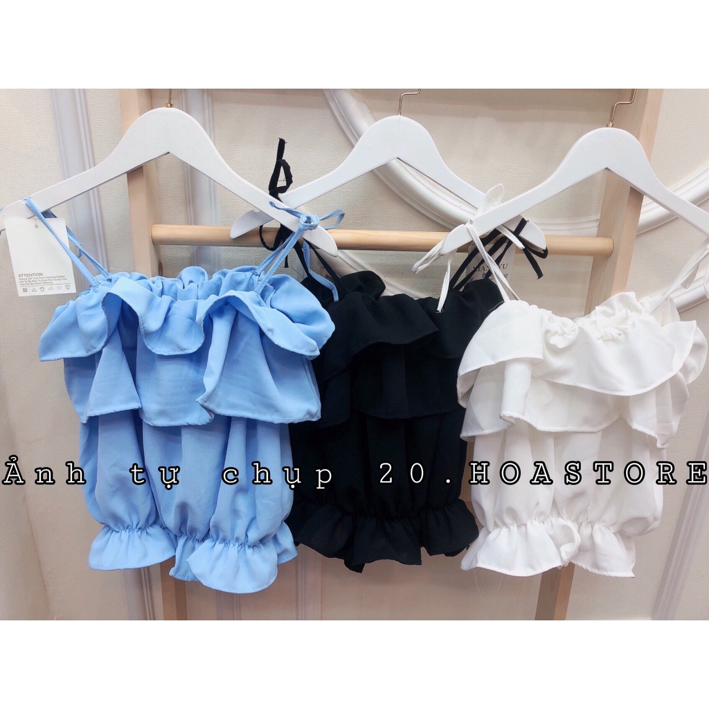 Áo Hai Dây Croptop Suông Tầng Bánh Bèo Vai Buộc Nơ - Áo 2 Dây Nữ Chun Eo Dúm Ngực Ulzzang