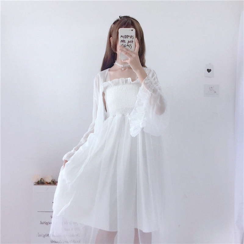 Spring and Summer New Temperament Mesh Strap Dress Fairy Dress for Female Students Korean Style Soft Girl Fresh Mid-Length