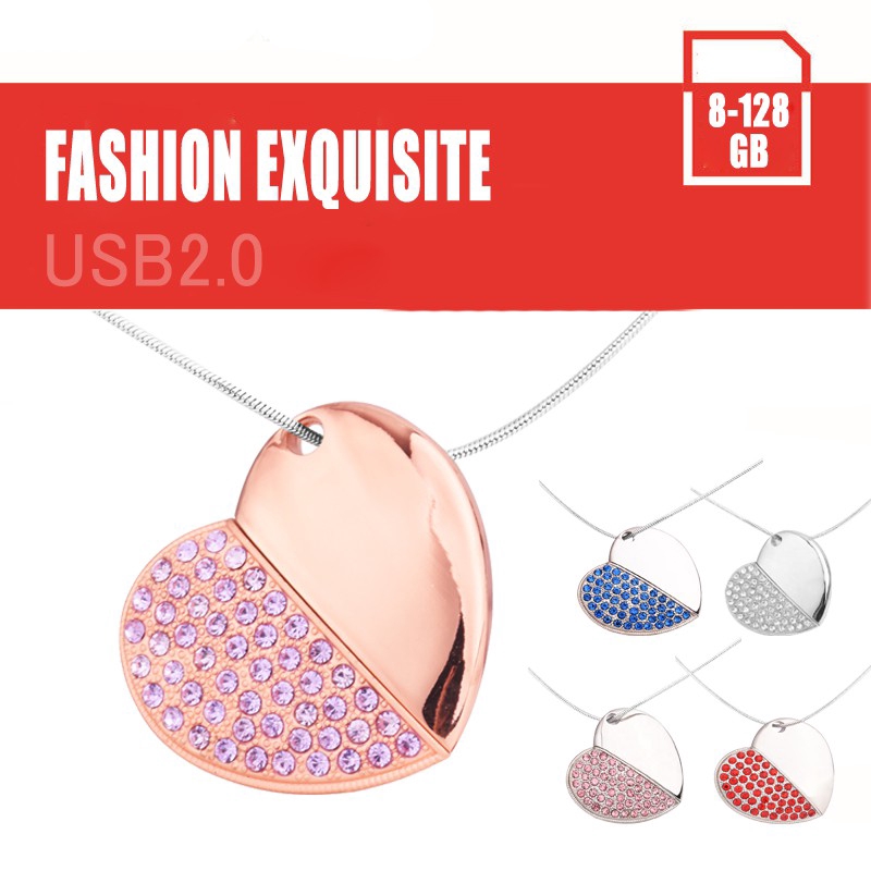 Usb Dung Lượng 16gb 32gb 64gb Hình Trái Tim / Chiếc Lá / Trái Tim Bằng Kim Loại Đính Đá Pha Lê