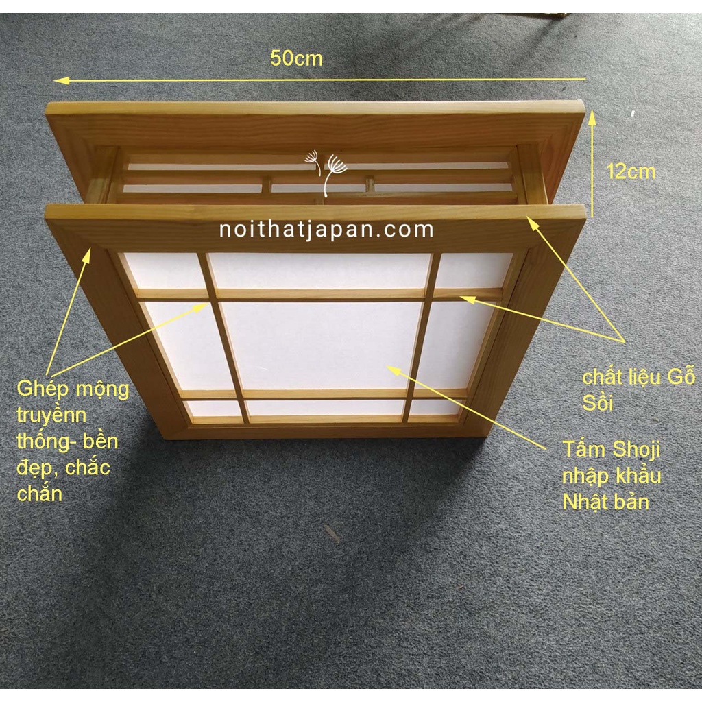 Đèn gỗ ốp trần Nhật Bản, Đèn gỗ decor phòng trà Nhật, phòng thiền, gỗ sồi và shoji Nhật, kt 50 x50 x12cm, gồm đèn led