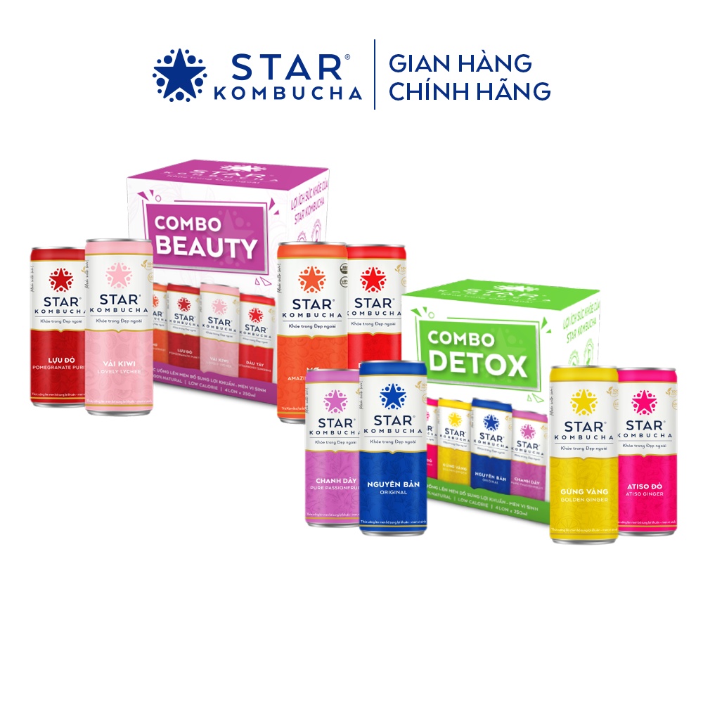 Combo 1 thùng 4 lon trà STAR KOMBUCHA mix vị - Beauty pack + Combo 1 thùng 4 lon trà STAR KOMBUCHA mix vị - Detox Pack