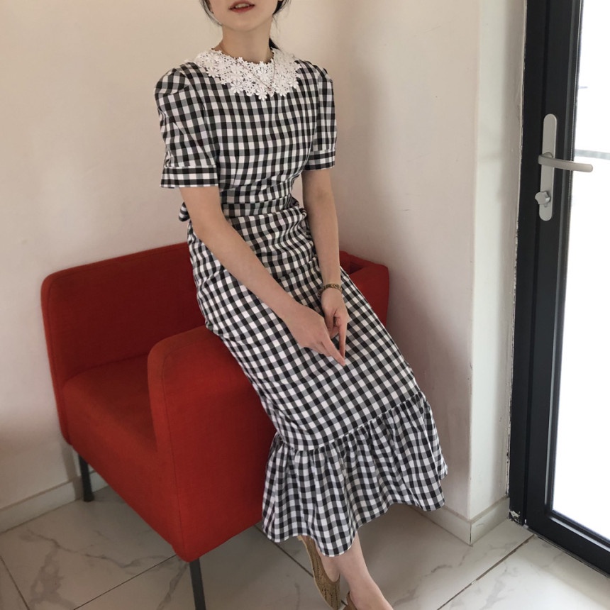 [ORDER] Đầm Caro Cổ Ren - Váy Tiểu Thư Thiết Kế Dáng Dài Thắt Eo Phù Hợp Đi Chơi Dự Tiệc Cưới Xanh Trắng VD107