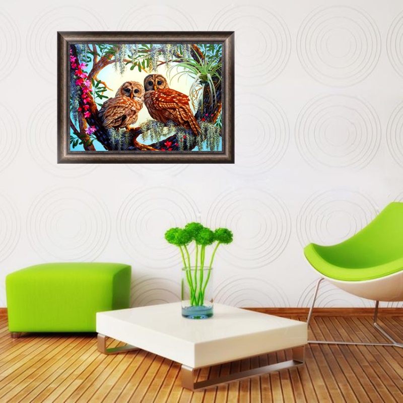 Tranh Thêu Chữ Thập Đính Đá Kim Cương 5D Hình Vẽ Cú Mèo