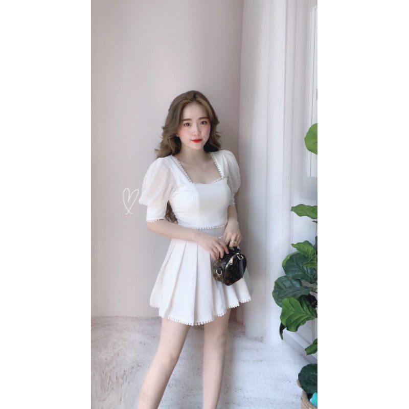 SÉT ÁO TAY LƯỚI PHỐI REN + CHÂN VÁY XẾP LY