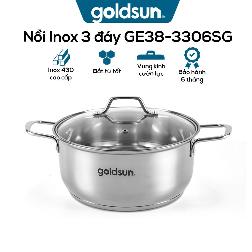 Nồi Inox 3 đáy Mini thương hiệu Goldsun Việt Nam - Nồi đáy từ siêu dày cỡ nhỏ dành cho 1 người - Bảo hành chính hãng