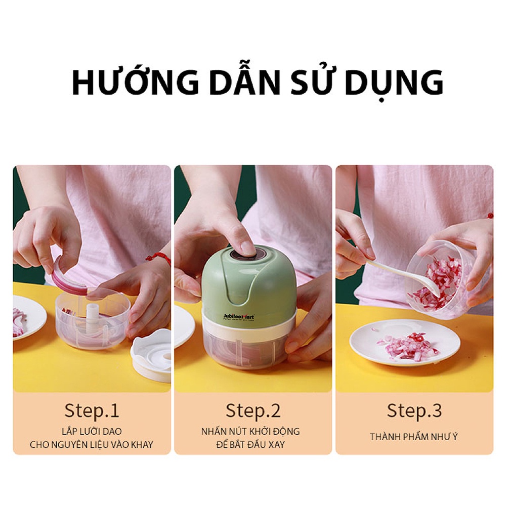 MÁY XAY GIA VỊ hành tỏi ớt mini, say sinh tố bằng điện sạc pin bằng tay 250ML - 5W - 3 lưỡi dao rất an toàn
