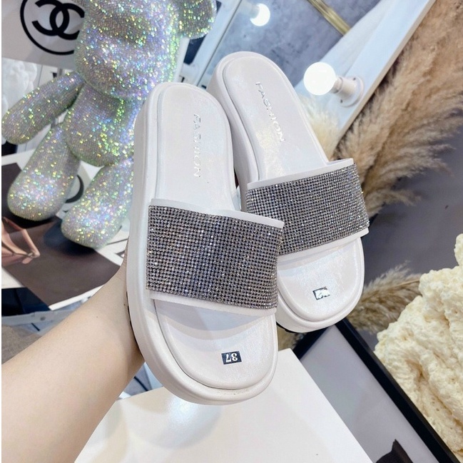 Dép nữ đế bánh mì cao 2p QUAI BẢN NGANG KIM TUYẾN siêu xinh