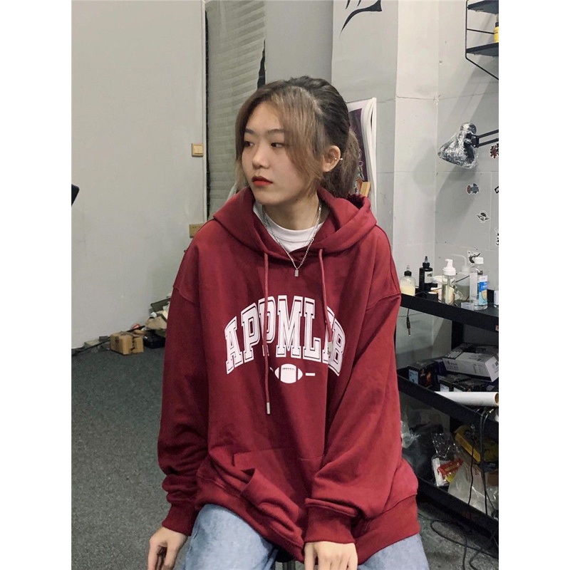 Áo Hoodie Mỏng Dáng Rộng Màu Đỏ Rượu Thời Trang Cho Nữ