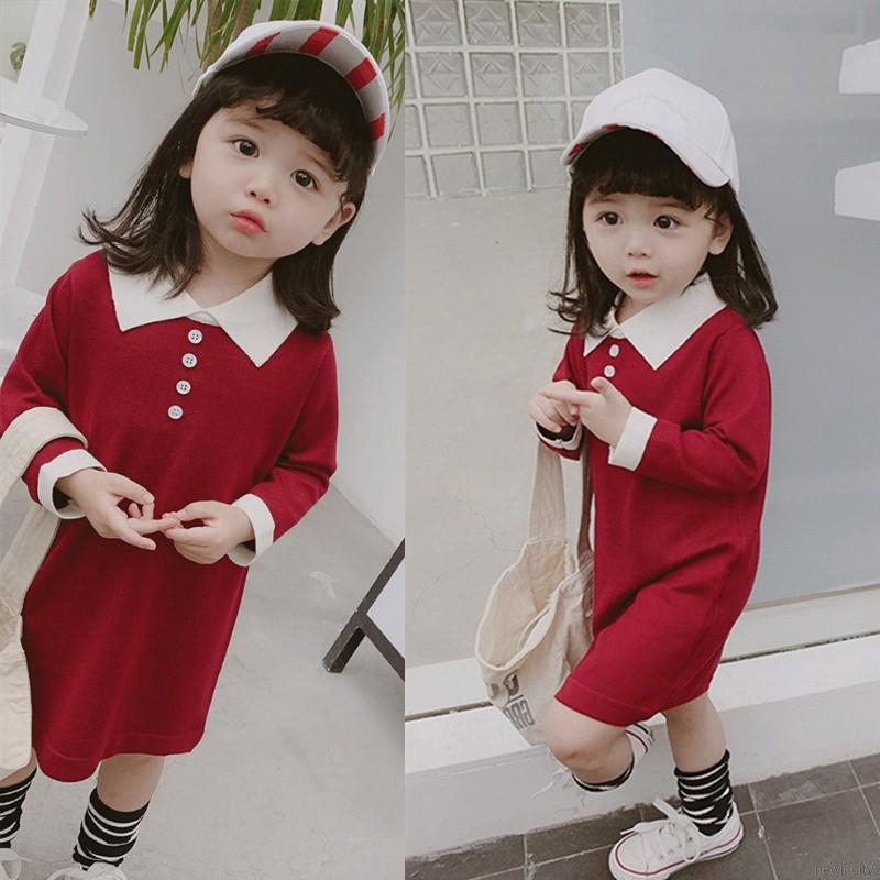 Đầm tay dài cổ bẻ màu trơn phong cách Hàn Quốc đáng yêu cho bé gái