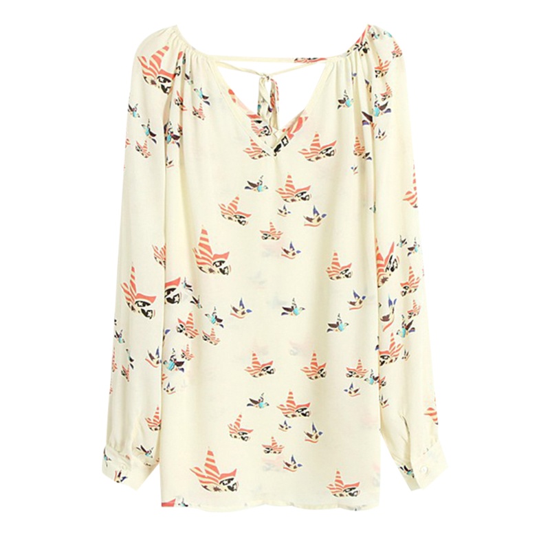 Áo Sơ Mi Chiffon Tay Dài Cổ Chữ V In Hoa Phối Cà Vạt Phía Trước Cho Nữ