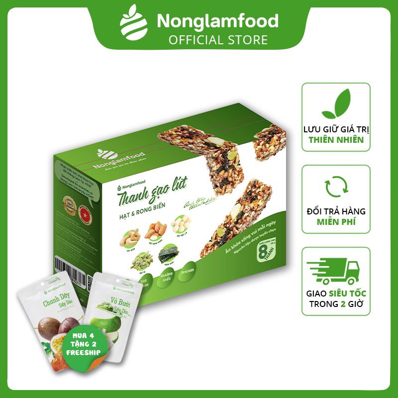 Thanh gạo lứt Hạt & Rong Biển Nonglamfood hộp 8 thanh 136g | Mua 4 hộp tặng kèm 2 gói (chanh dây 45g và bưởi 25g)