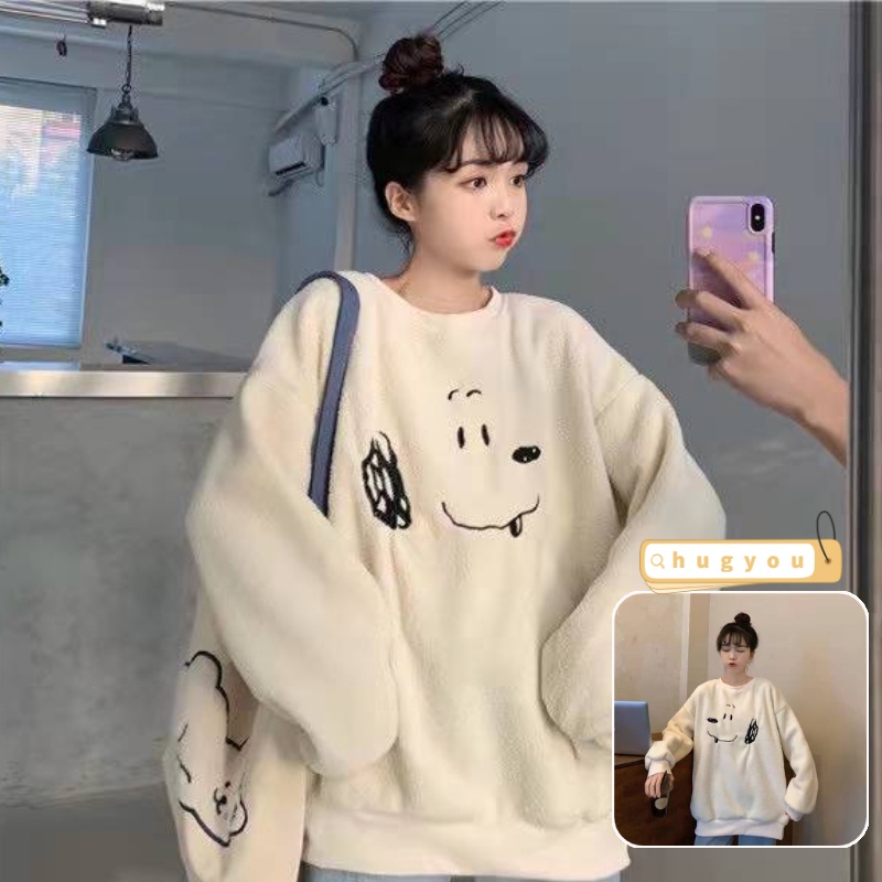 Áo hoodie tròng đầu dáng rộng phong cách Harajuku Hàn Quốc phối nhung dày dặn cho nữ