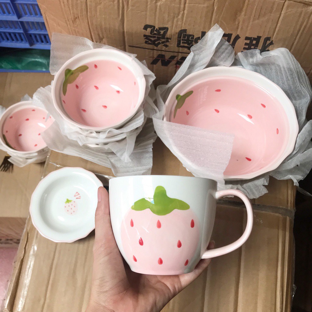 Bát Ăn Cơm 🥣 Bộ Bát Đĩa Sứ Dâu Hồng 🥣 Decor Chén Dĩa Dễ Thương Cute Cao Cấp B97