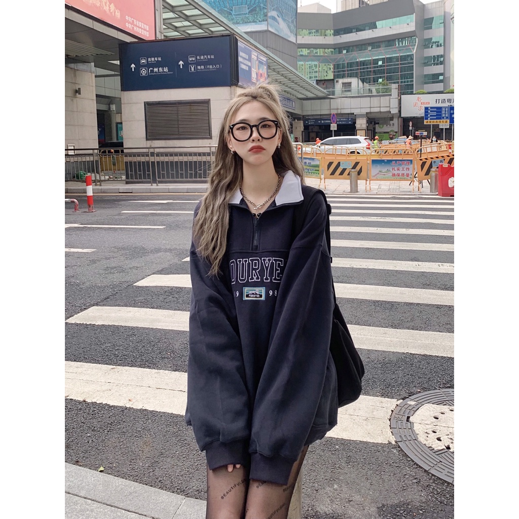 Áo sweater tay bồng khóa cổ FOURYES dáng rộng unisex/ Áo nỉ thu đông in họa tiết chữ trẻ trung năng động_Nano Ulzzang | BigBuy360 - bigbuy360.vn