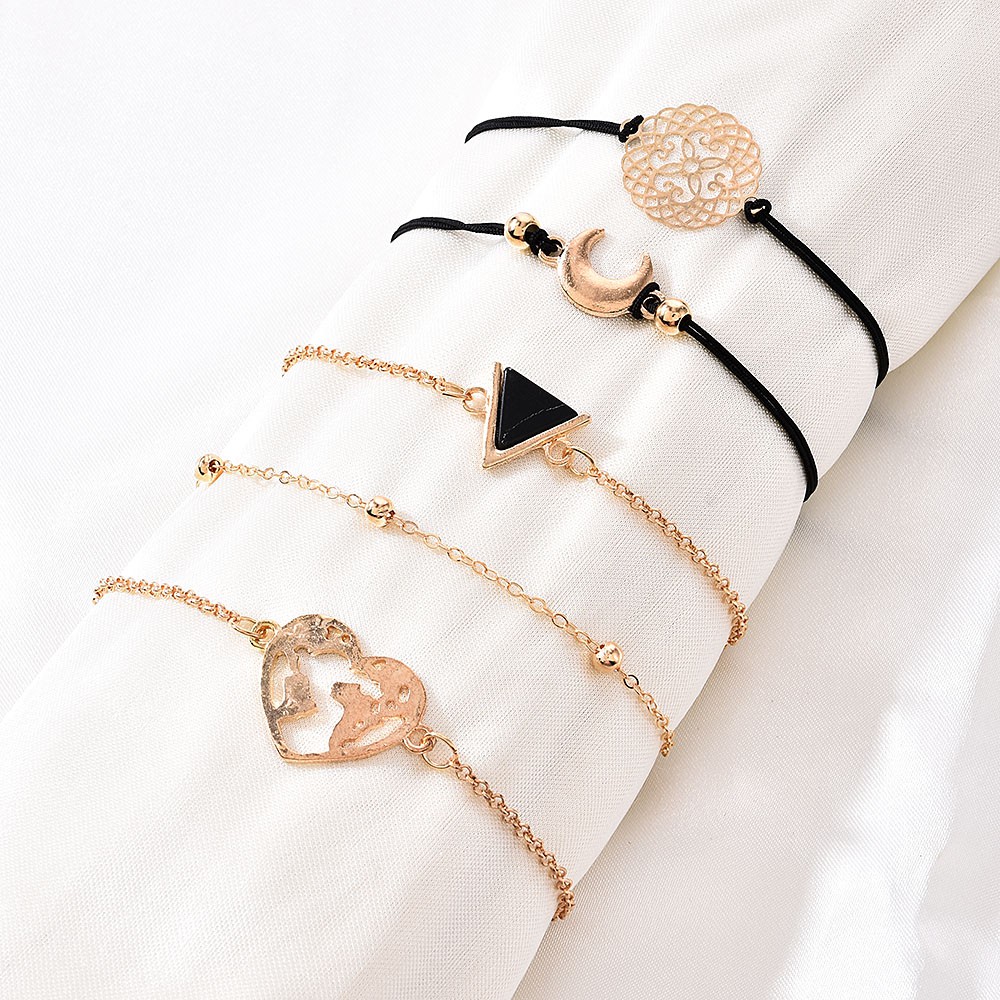 Bộ 5 vòng tay chuỗi hạt mặt trăng và trái tim phong cách Boho thời trang cho nữ