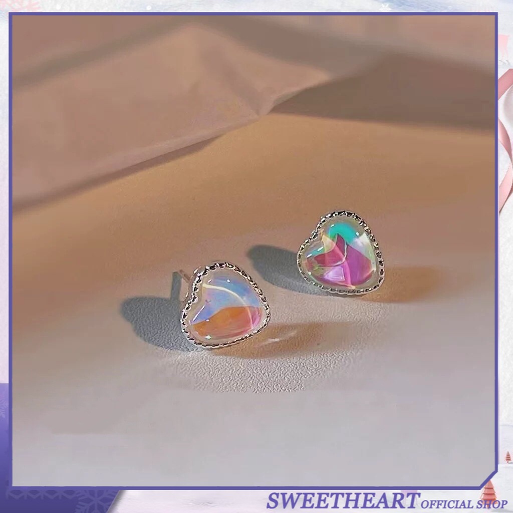 Khuyên Tai Hình Trái Tim Đính Đá Opal Màu Hồng Phong Cách Hàn Quốc Đơn Giản Thời Trang Cho Nữ